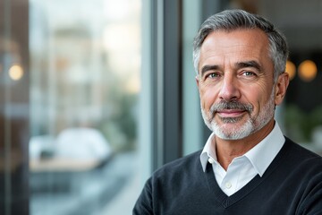 Wall Mural - Portrait of a mature man with confident expression standing indoors in modern office setting with blurred glass background.