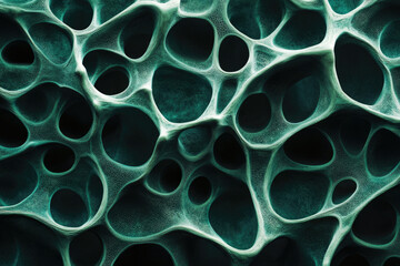 Leinwandbilder - Abstract teal image depicting a complex, porous, interconnected network resembling a bone structure or spongy material.