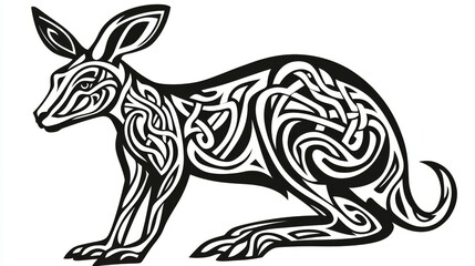 Wall Mural - A white-background tattoo showcasing a detailed kangaroo in a seated position