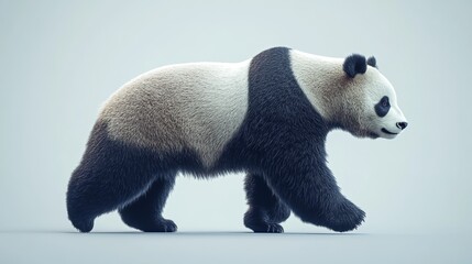 Wall Mural - A profile view of a giant panda walking, photographed in a studio against a white background, emphasizing wildlife conservation