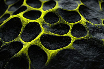 Fototapete - Abstract image showing a network of bright yellow lines forming a porous structure on a dark background.