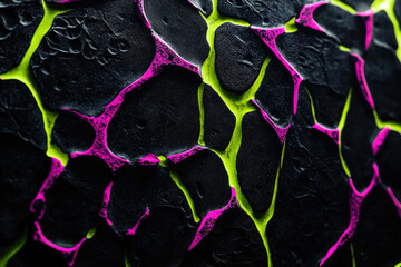 Poster - Abstract artwork featuring a dark, textured surface with vibrant neon pink and lime green crackle patterns.