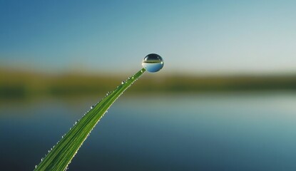 Wall Mural - A close-up of a dewdrop resting on a green blade of grass, reflecting a serene landscape and shimmering in soft light.