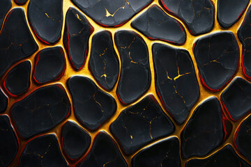 Aufkleber - Abstract art depicting a cracked, dark surface with gold and red veins, resembling lava or stone.