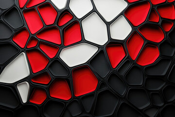 Fototapete - Abstract 3D rendering of an interconnected network of red, white, and black geometric shapes.