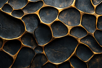 Fototapete - Abstract metallic texture with dark, organic shapes outlined in gold, creating a luxurious and intricate design.