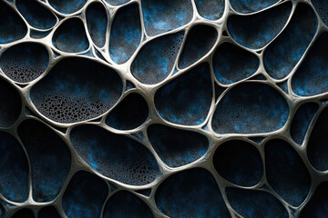 Leinwandbilder - Abstract metallic structure resembling a complex network or cellular organism with dark blue and silver hues.