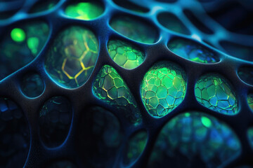 Leinwandbilder - Abstract 3D render of a bioluminescent, honeycomb-like structure with glowing green cells within a dark, textured matrix.