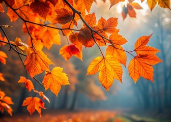 Wall Mural - Serene Autumn Landscape: Misty Orange Trees, Tranquil Nature Macro Photography