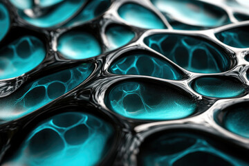 Leinwandbilder - Abstract close-up of a mesmerizing, teal and black, liquid-like structure with interconnected bubbles.