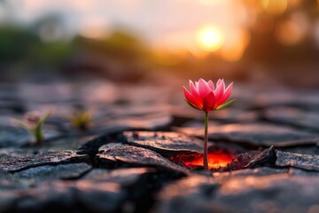 Canvas Print - A resilient pink lotus flower blooms from cracked earth, symbolizing hope amidst adversity as sunlight illuminates the scene. Resilient Bloom on Hot Lava, Rebirth from Fire