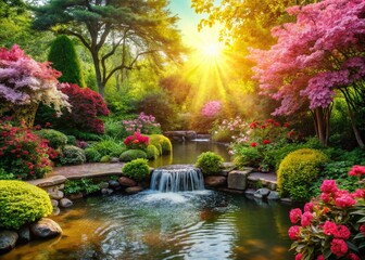 Canvas Print - Serene Garden Water Feature with Vibrant Pink Blossoms: Tranquil Spring Scene Stock Photo