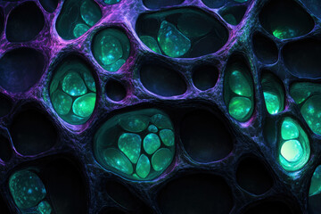 Leinwandbilder - Abstract image depicting a porous, bioluminescent structure with glowing teal cavities within a dark purple matrix.