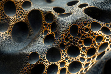 Fototapete - Abstract textured surface with a network of dark and gold circular patterns creating a 3D effect.