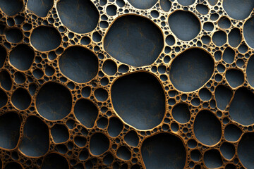 Fototapete - Abstract gold and dark background texture with irregular pattern of interconnected circles and holes.
