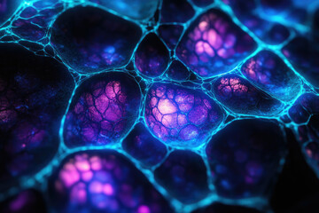 Poster - Abstract image depicting a vibrant network of interconnected cells glowing in purple and blue hues.