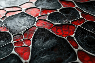 Fototapete - Abstract 3D render of a network of interconnected red and black cells with metallic veins.