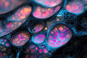 Fototapete - Intricate network of vibrant pink and orange bubbles within a dark, abstract structure.