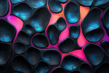Poster - Abstract dark background with vibrant pink and blue organic shapes, resembling a fluid or molten substance.