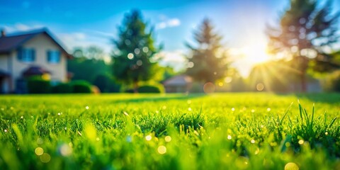 Wall Mural - Serene Open Backyard: Lush Green Grass, Blue Sky Bokeh