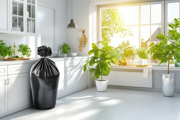 Wall Mural - A bright kitchen featuring trash bags ready for spring cleaning, surrounded by vibrant plants and natural sunlight streaming through the window.