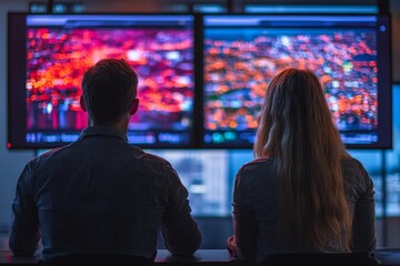 Poster - People analyzing city night views on large screens in a modern office setting