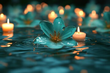 Aufkleber - Delicate teal flower floating on water surrounded by soft glowing candles during a serene evening setting
