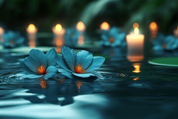 Aufkleber - Blue flowers and glowing candles create a serene atmosphere on calm water at twilight