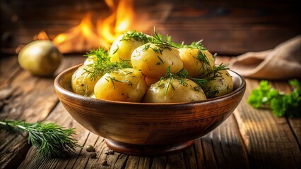 Wall Mural - Silhouetted Boiled Potatoes & Dill on Rustic Wood – Delicious Summer Food Stock Photo