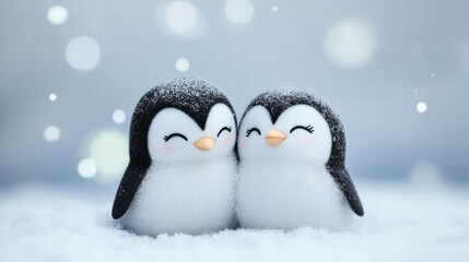 Wall Mural - Cute Penguin Couple Smiling in a Snowy Winter Wonderland Scene