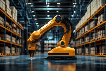 Poster - Robotic arm working in a modern warehouse filled with storage shelves and packed boxes