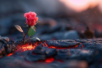 Canvas Print - A vibrant pink rose stands resiliently amid glowing lava rocks, symbolizing beauty in a harsh landscape. Resilient Bloom on Hot Lava, Rebirth from Fire