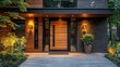 © liliyabatyrova - A stunning front door welcomes visitors with sleek wooden panels and stylish fixtures, surrounded by vibrant plants and soft lighting that create a warm atmosphere