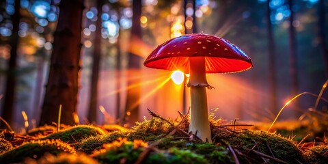 Wall Mural - Silhouette of Red Mushroom at Sunset - Nature Stock Photo