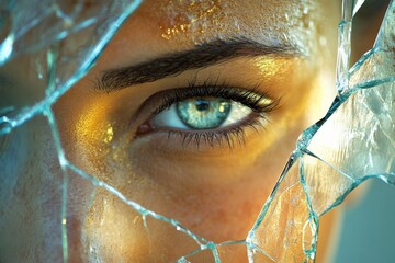 Poster - Detailed close-up of a human eye behind shattered glass surrounded by soft lighting