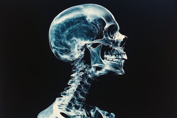 Poster - Human skull and spine in profile view displayed with detailed x-ray imaging under contrasting lighting conditions