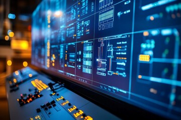 Leinwandbilder - Advanced control panel displaying intricate digital data in a modern control room at night