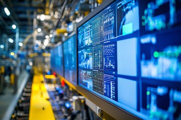 Poster - Advanced manufacturing facility showcasing high-tech screens with data analytics and production metrics displayed