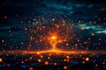 Aufkleber - Digital tree of life glowing against a dark sky in a surreal landscape at twilight