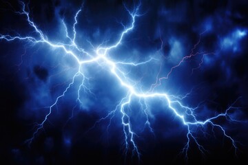 blue fantasy lightning strike in dark background - electric bolt and plasma arc of thunderstorm shoc