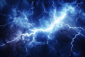 blue fantasy lightning - dark blue plasma bolt with electric arcs shocking thunderstorm background