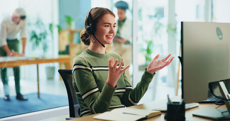 Aufkleber - Happy, woman and headset with computer in call centre of communication, customer service and ecommerce. Smile, female agent and talking with mic of telemarketing help, website faq and online solution