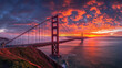 © mahamad - Golden Gate Bridge panorama in San Francisco, California, with sunset light on a cloudy sky.