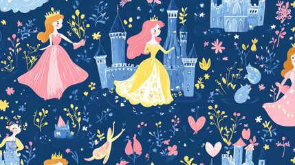 A blue and pink princess dress with a castle in the background