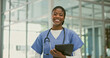 © peopleimages.com - Portrait doctor, happy black woman and tablet for healthcare, medical research or clinic report. Job experience, cardiology career and African nurse, surgeon or medicine expert smile in hospital