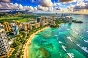 Wall Mural - Stunning Aerial Panorama of Waikiki Beach, Oahu, Hawaii from Airplane