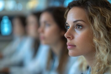Aufkleber - Focused female researchers analyzing data during a team meeting in a modern laboratory setting