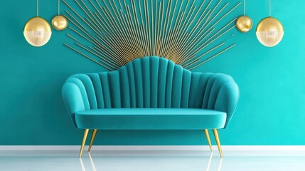 Wall Mural - Elegant interior design featuring a teal velvet sofa with geometric wallpaper and golden accents for a sophisticated look