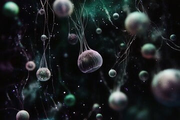 Wall Mural - Ethereal jellyfish-like creatures drift through a dark, cosmic underwater world, illuminated by distant stars and nebulae.