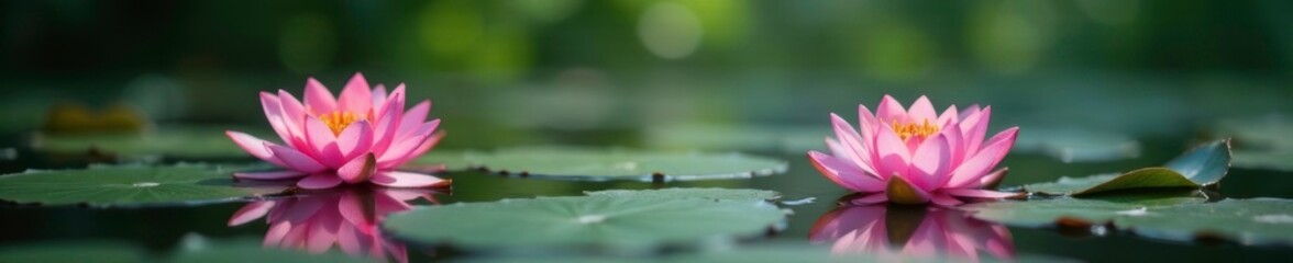 Wall Mural - Water lilies blooming on the surface of a tranquil pond, blooms, peaceful